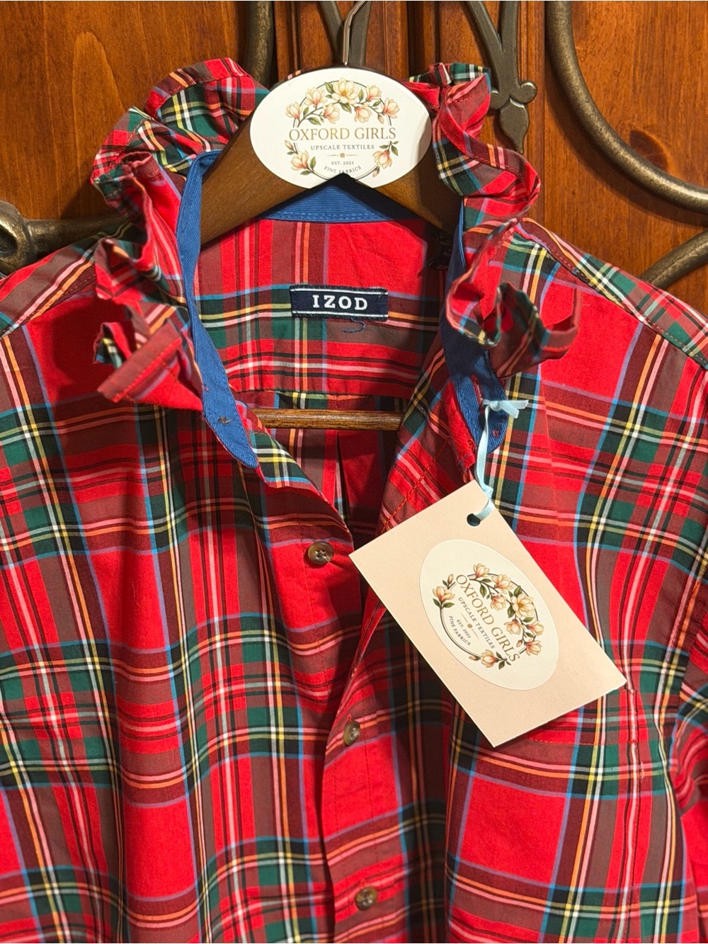 Upcycled IZOD women’s tartan plaid Ruffle-Collar button down Shirt